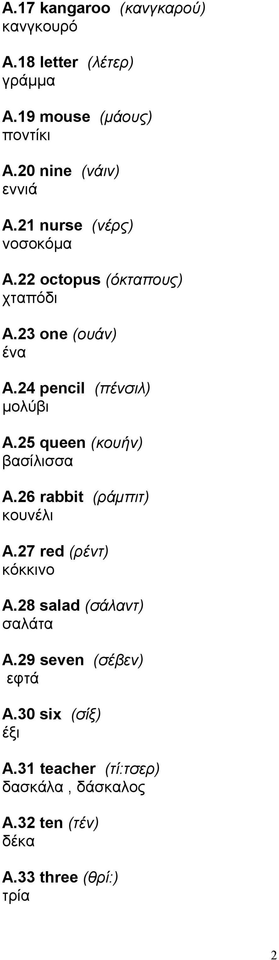 25 queen (κουήν) βασίλισσα Α.26 rabbit (ράμπιτ) κουνέλι Α.27 red (ρέντ) κόκκινο Α.28 salad (σάλαντ) σαλάτα Α.