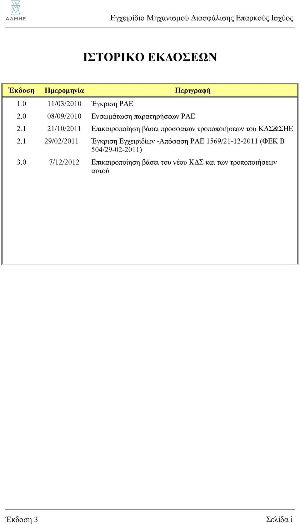 1 21/10/2011 Επικαιροποίηση βάσει πρόσφατων τροποποιήσεων του ΚΔΣ&ΣΗΕ 2.