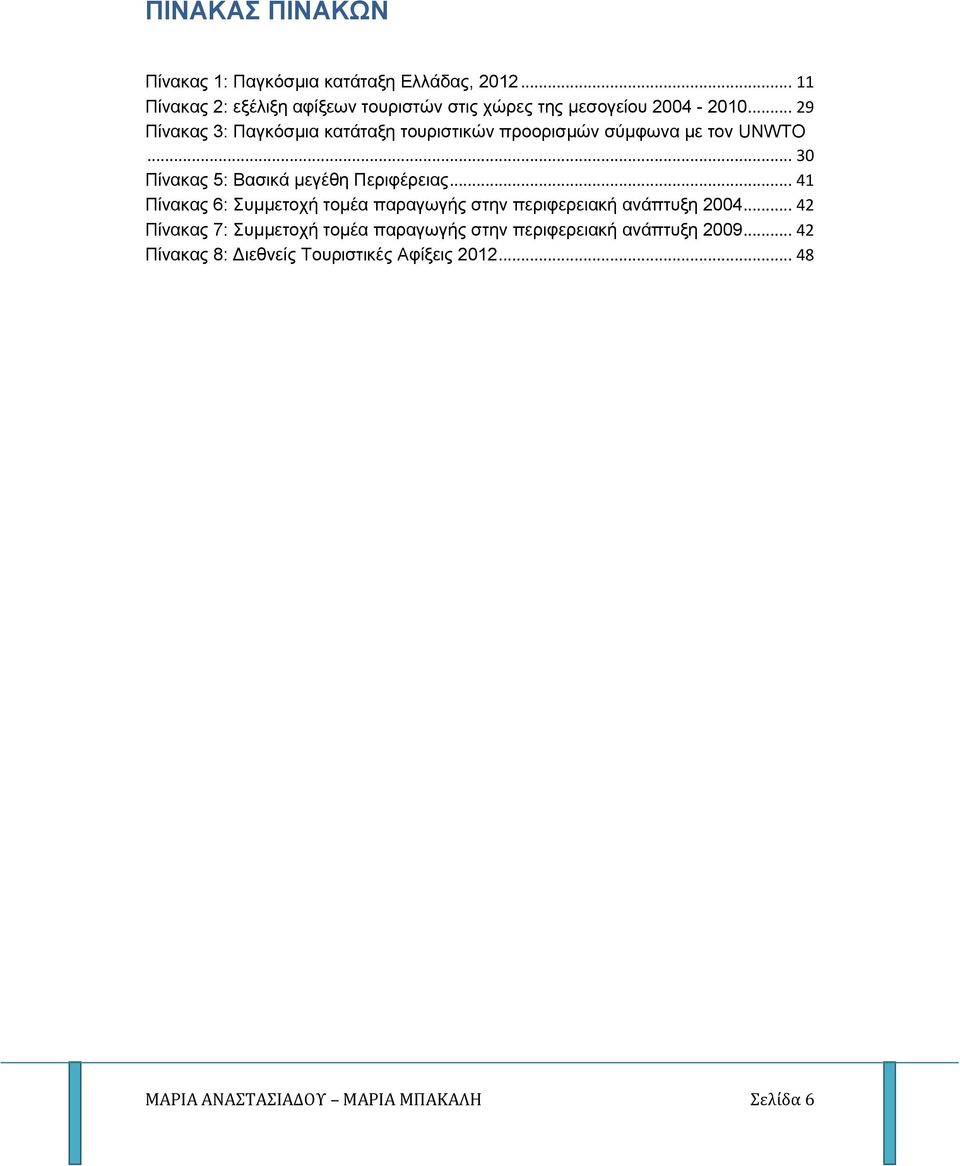 .. 29 Πίνακας 3: Παγκόσμια κατάταξη τουριστικών προορισμών σύμφωνα με τον UNWTO... 30 Πίνακας 5: Βασικά μεγέθη Περιφέρειας.