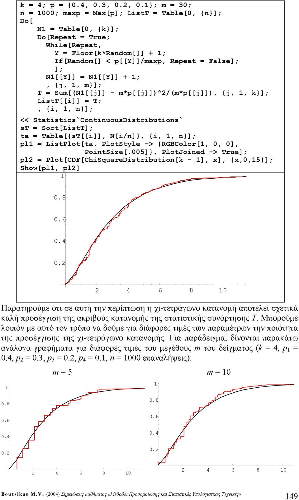 {j,, }]; T = Su[(N[[j]] - *p[[j]])^/(*p[[j]]), {j,, }]; LstT[[]] = T;, {,, n}]; << Statstcs`ContnuousDstrbutons` st = Sort[LstT]; ta = Table[{sT[[]], N[/n]}, {,, n}]; pl = LstPlot[ta, PlotStyle ->