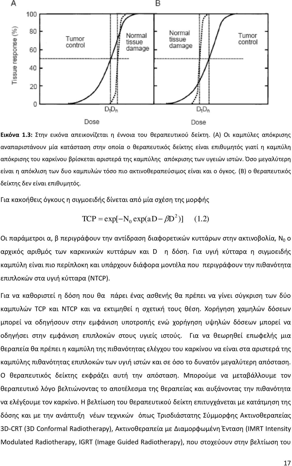 ιστών. Όσο μεγαλύτερη είναι η απόκλιση των δυο καμπυλών τόσο πιο ακτινοθεραπεύσιμος είναι και ο όγκος. (Β) ο θεραπευτικός δείκτης δεν είναι επιθυμητός.