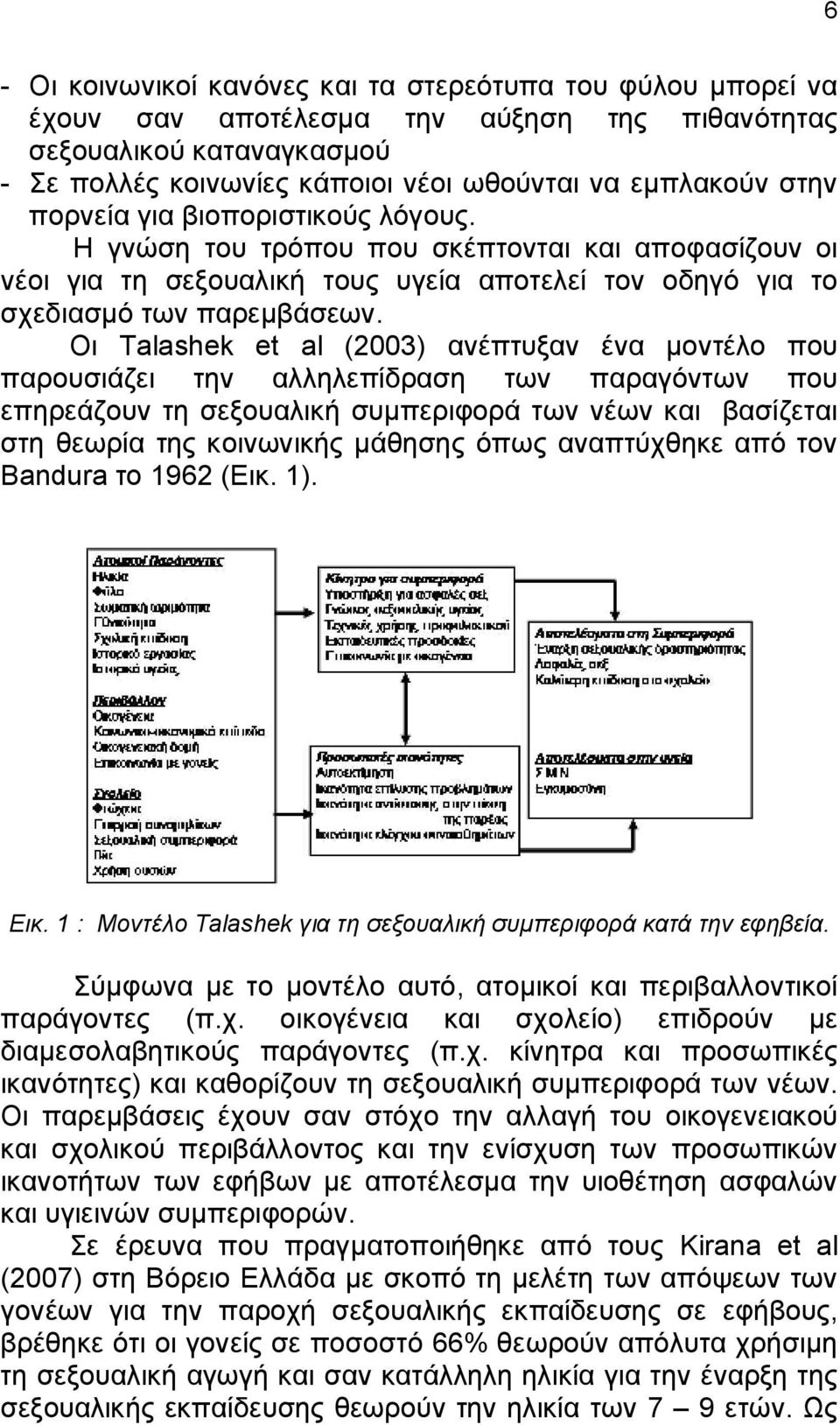 Οι Talashek et al (2003) ανέπτυξαν ένα μοντέλο που παρουσιάζει την αλληλεπίδραση των παραγόντων που επηρεάζουν τη σεξουαλική συμπεριφορά των νέων και βασίζεται στη θεωρία της κοινωνικής μάθησης όπως