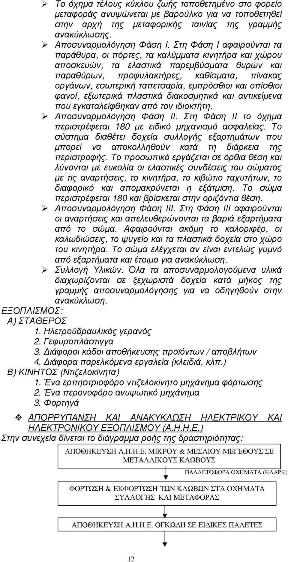 ταπετσαρία, εµπρόσθιοι και οπίσθιοι φανοί, εξωτερικά πλαστικά διακοσµητικά και αντικείµενα που εγκαταλείφθηκαν από τον ιδιοκτήτη. Αποσυναρµολόγηση Φάση ΙΙ.