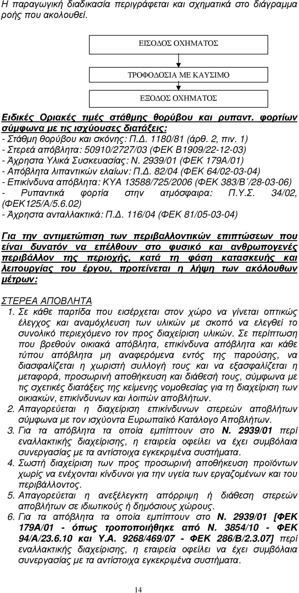 2939/01 (ΦΕΚ 179Α/01) - Απόβλητα λιπαντικών ελαίων: Π.. 82/04 (ΦΕΚ 64/02-03-04) - Επικίνδυνα απόβλητα: ΚΥΑ 13588/725/2006 (ΦΕΚ 383/Β /28-03-06) - Ρυπαντικά φορτία στην ατµόσφαιρα: Π.Υ.Σ.