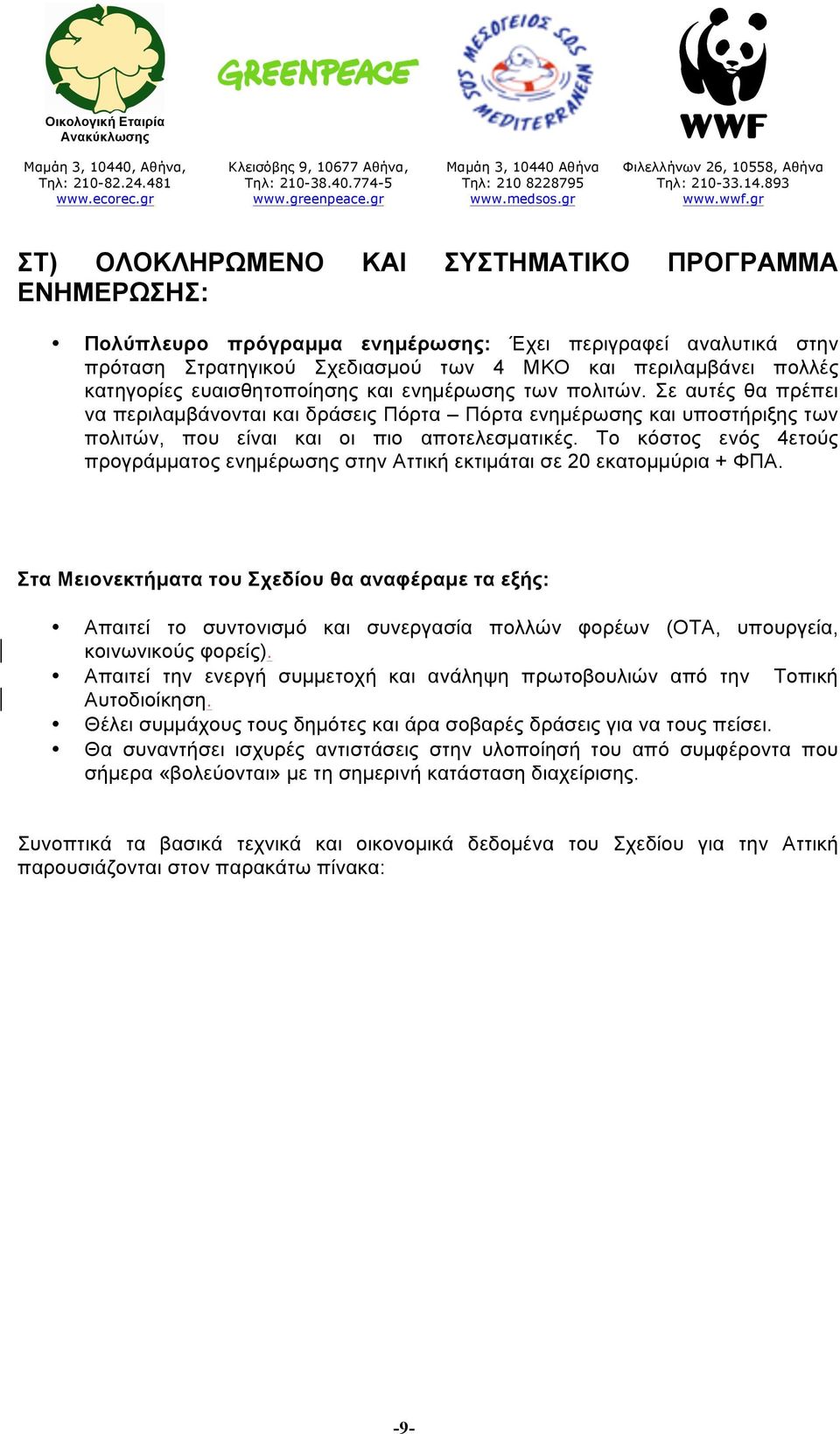 Το κόστος ενός 4ετούς προγράµµατος ενηµέρωσης στην Αττική εκτιµάται σε 20 εκατοµµύρια + ΦΠΑ.