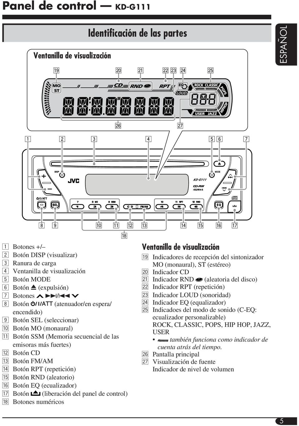 r Botón RPT (repetición) t Botón RND (aleatorio) y Botón EQ (ecualizador) u Botón (liberación del panel de control) i Botones numéricos Ventanilla de visualización o Indicadores de recepción del