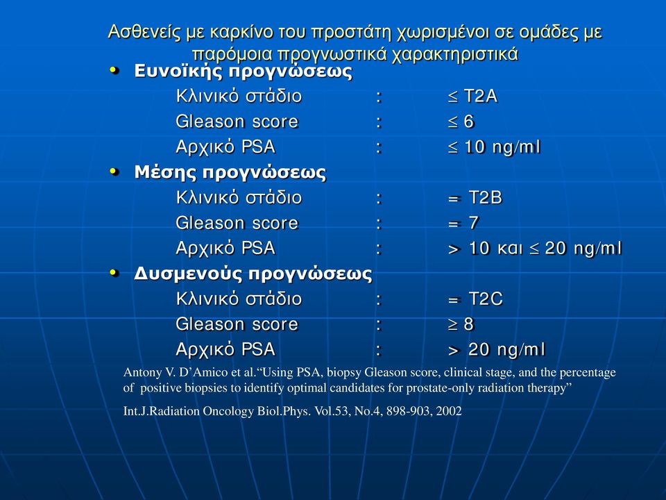 στάδιο : = T2C Gleason score : 8 Αρχικό PSA : > 20 ng/ml Antony V. D Amico et al.