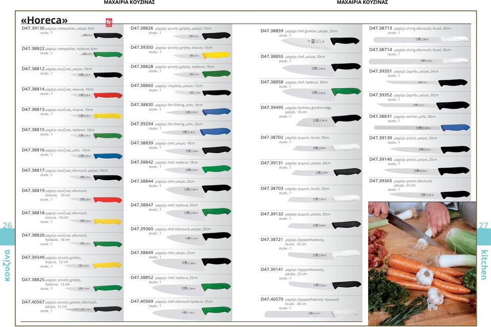 38714 µαχαίρι slicing οδοντωτό, λευκό, 36cm D47.38812 µαχαίρι ς, µαύρο, 10cm D47.38828 µαχαίρι γενικής χρήσης, πράσινο, 15cm D47.39351 µαχαίρι ζαµπόν, µαύρο, 24cm D47.