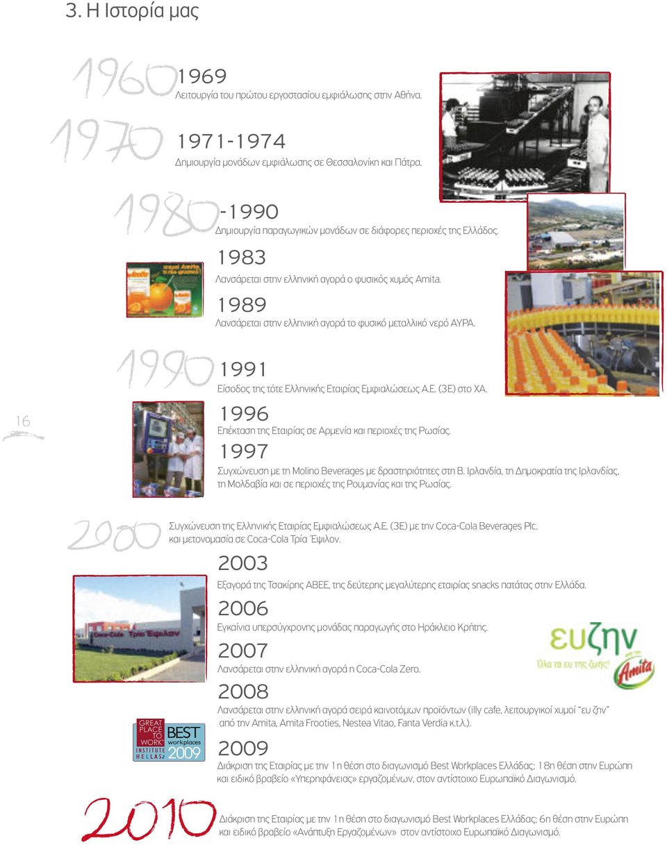 16 1991 Είσοδος της τότε Ελληνικής Εταιρίας Εμφιαλώσεως Α.Ε. (3Ε) στο ΧΑ. 1996 Επέκταση της Εταιρίας σε Αρμενία και περιοχές της Ρωσίας. 1997 Συγχώνευση με τη Molino Beverages με δραστηριότητες στη Β.
