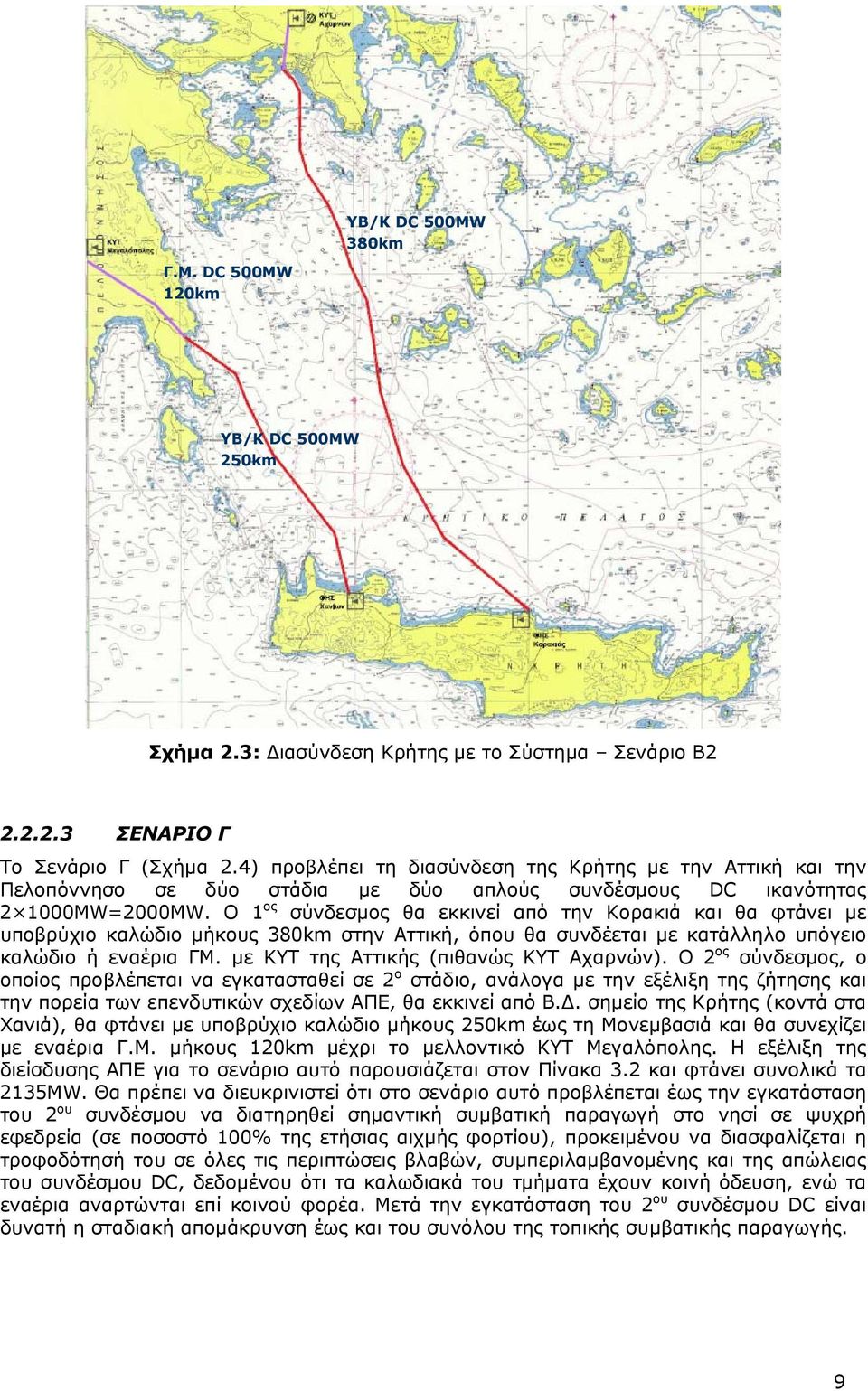 Ο 1 ος σύνδεσμος θα εκκινεί από την Κορακιά και θα φτάνει με υποβρύχιο καλώδιο μήκους 380km στην Αττική, όπου θα συνδέεται με κατάλληλο υπόγειο καλώδιο ή εναέρια ΓΜ.