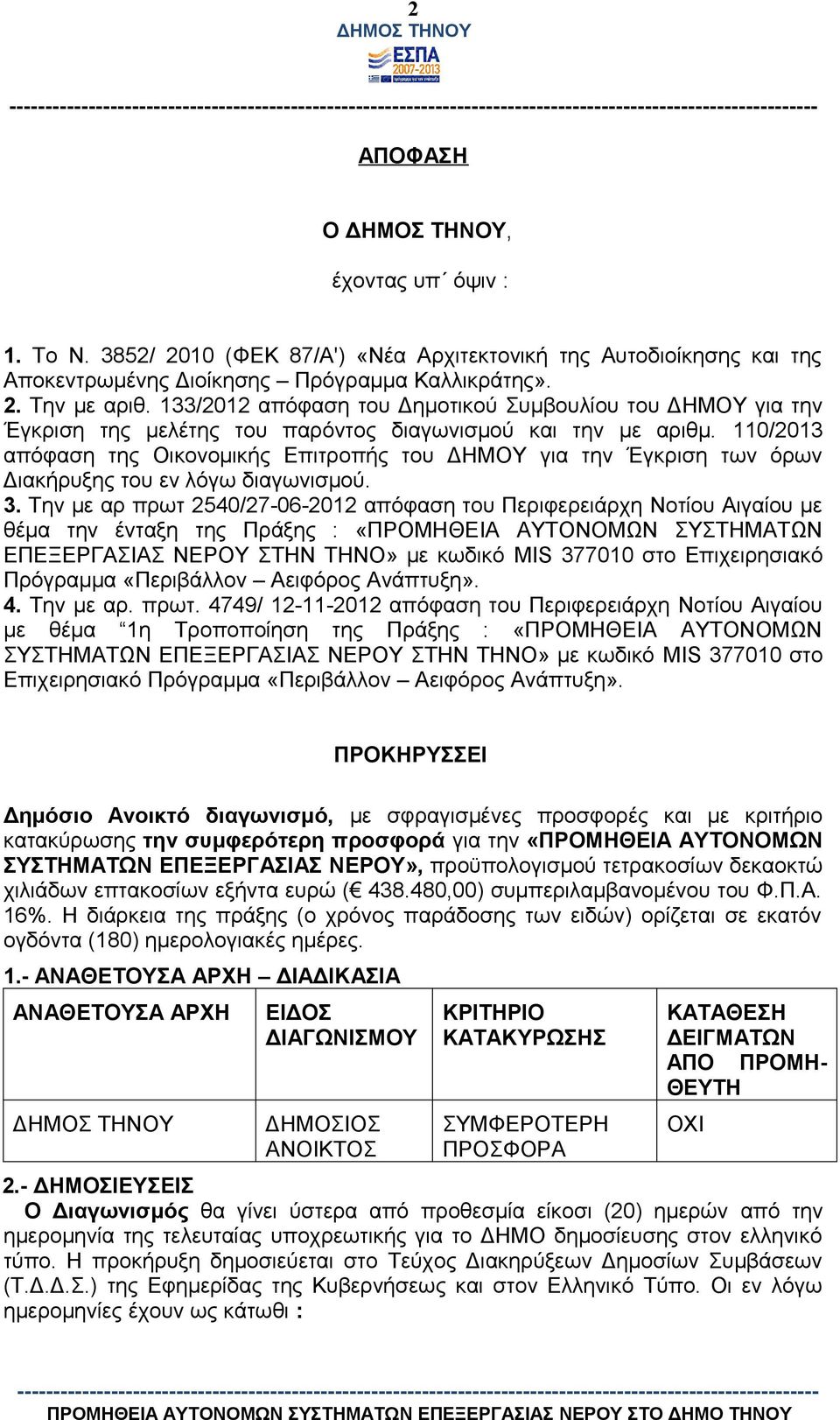 110/2013 απόφαση της Οικονομικής Επιτροπής του ΔΗΜΟΥ για την Έγκριση των όρων Διακήρυξης του εν λόγω διαγωνισμού. 3.