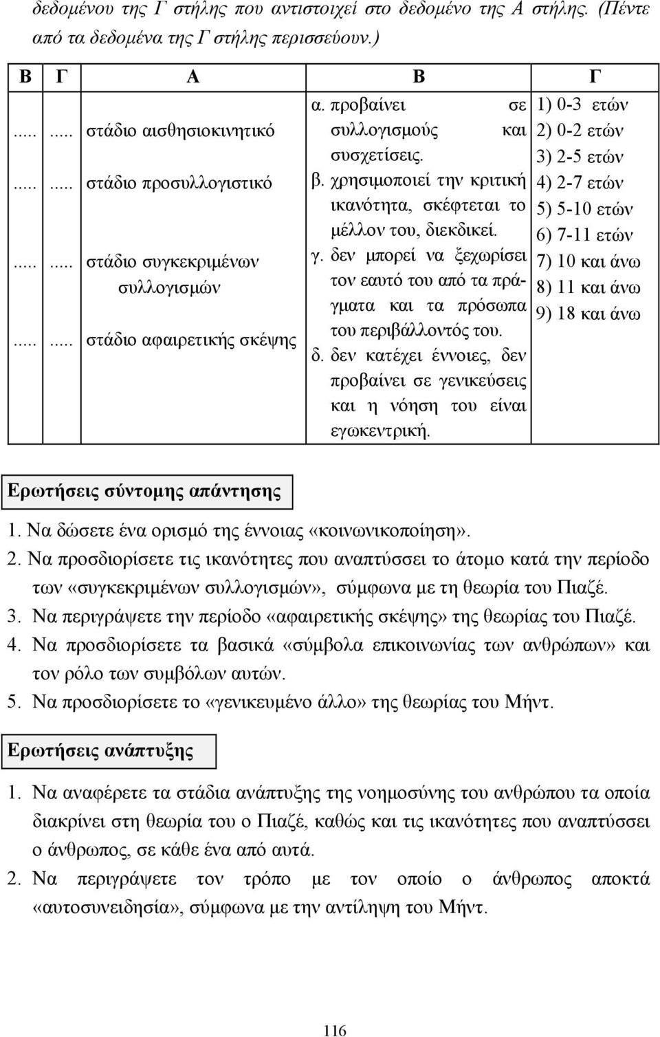 3) 2-5 ετών β. χρησιµοποιεί την κριτική 4) 2-7 ετών ικανότητα, σκέφτεται το 5) 5-10 ετών µέλλον του, διεκδικεί. 6) 7-11 ετών γ.