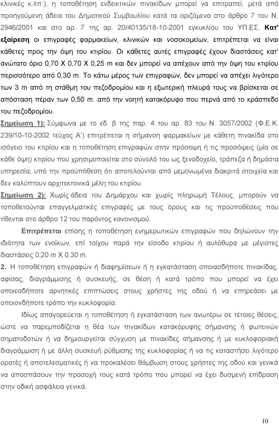 Οι κάθετες αυτές επιγραφές έχουν διαστάσεις κατ' ανώτατο όριο 0,70 Χ 0,70 Χ 0,25 m και δεν μπορεί να απέχουν από την όψη του κτιρίου περισσότερο από 0,30 m.