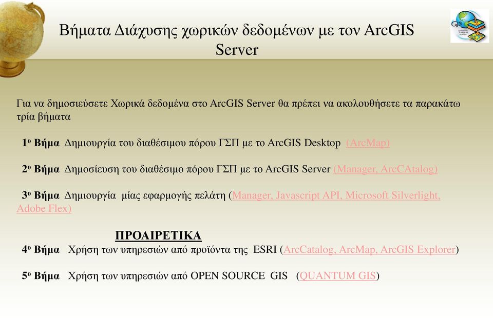 Server (Manager, ArcCAtalog) 3 ο Βήμα Δημιουργία μίας εφαρμογής πελάτη (Manager, Javascript API, Microsoft Silverlight, Adobe Flex) ΠΡΟΑΙΡΕΤΙΚΑ 4