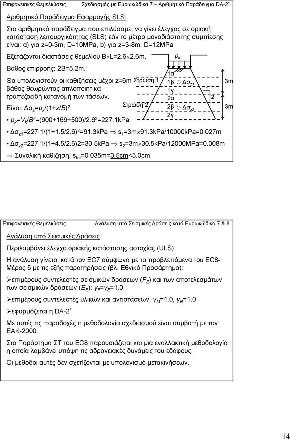 Θα υπολογιστούν οι καθιζήσεις μέχρι z=6m Στρώση 1 βάθος θεωρώντας απλοποιητικά τραπεζοειδή κατανομή των τάσεων. Είναι: σ z =p k /(1+z/B) 2 Στρώση 2 p k =V k /B 2 =(900+169+500)/2.6 2 =227.
