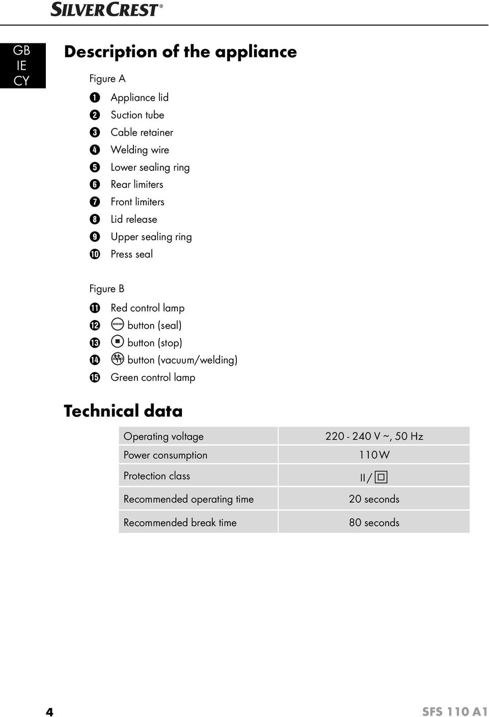 w button (seal) e button (stop) r button (vacuum/welding) t Green control lamp Technical data Operating voltage Power