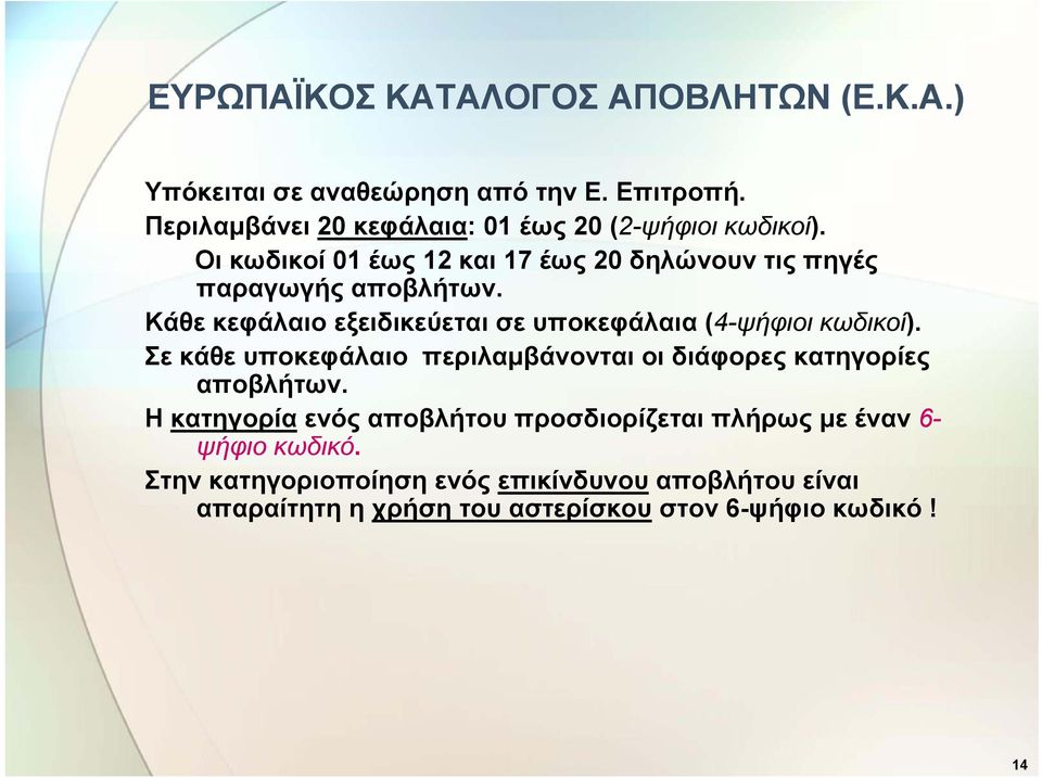 Κάθε κεφάλαιο εξειδικεύεται σε υποκεφάλαια (4-ψήφιοι κωδικοί). Σε κάθε υποκεφάλαιο περιλαμβάνονται οι διάφορες κατηγορίες αποβλήτων.