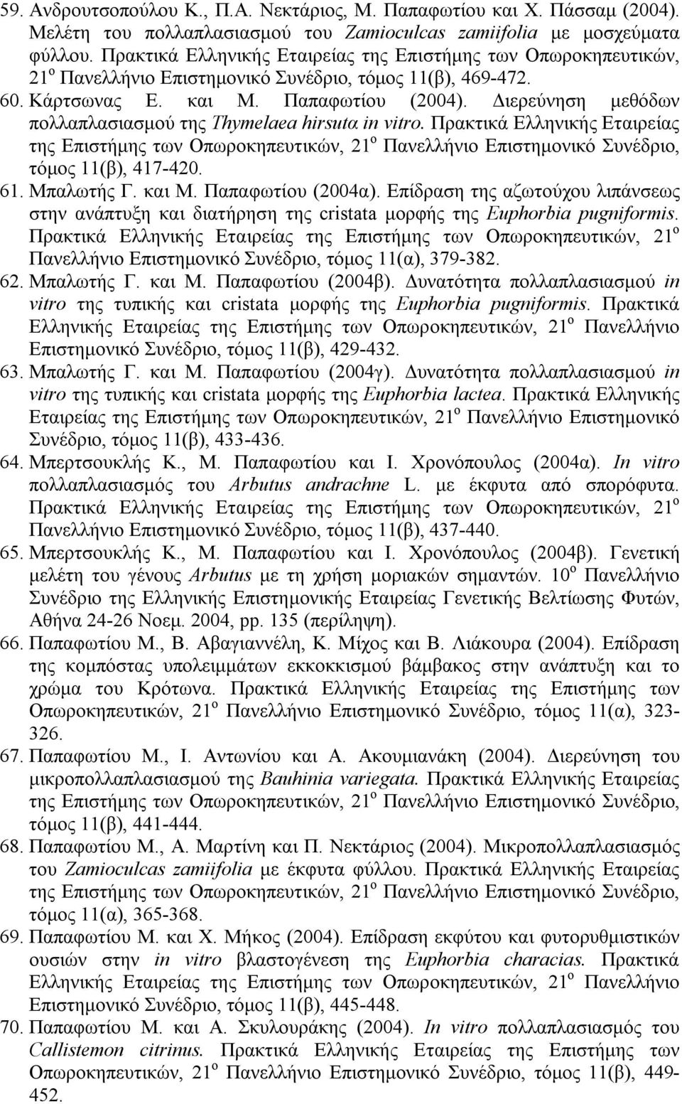 Διερεύνηση μεθόδων πολλαπλασιασμού της Thymelaea hirsutα in vitro. Πρακτικά Ελληνικής Εταιρείας της Επιστήμης των Οπωροκηπευτικών, 21 ο Πανελλήνιο Επιστημονικό Συνέδριο, τόμος 11(β), 417-420. 61.