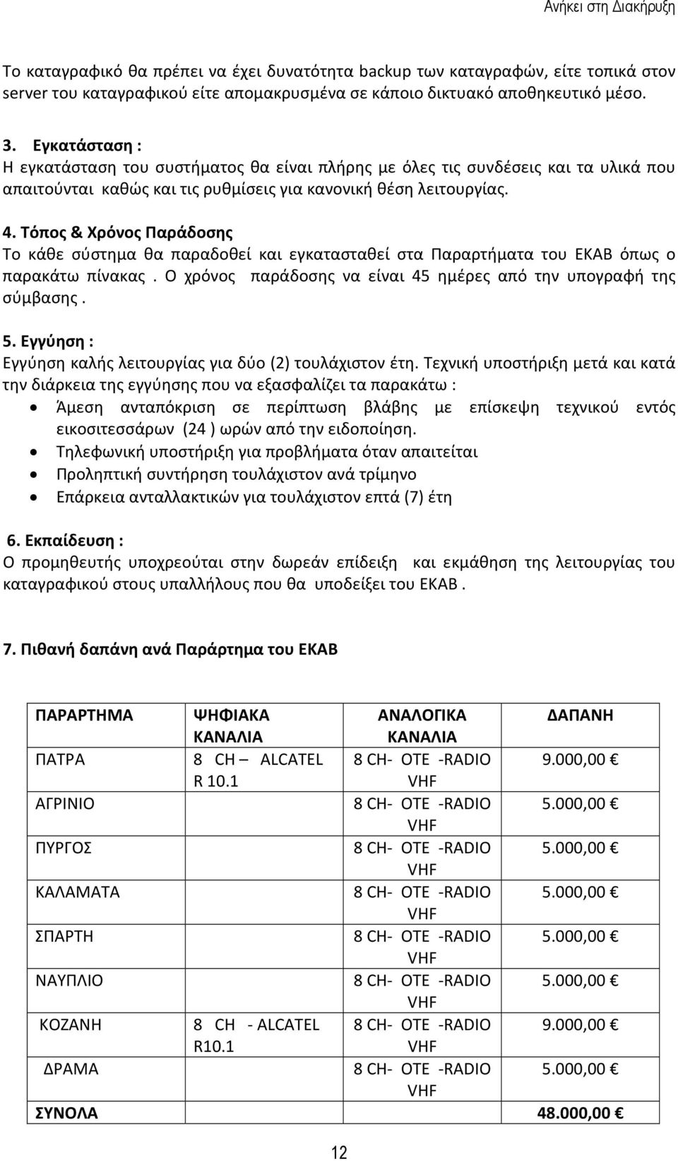 Τόπος & Χρόνος Παράδοσης Το κάθε σύστημα θα παραδοθεί και εγκατασταθεί στα Παραρτήματα του ΕΚΑΒ όπως ο παρακάτω πίνακας. Ο χρόνος παράδοσης να είναι 45 ημέρες από την υπογραφή της σύμβασης. 5.