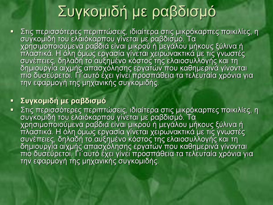 Η όλη όμως εργασία γίνεται χειρωνακτικά με τις γνωστές συνέπειες, δηλαδή το αυξημένο κόστος της ελαιοσυλλογής και τη δημιουργία αιχμής απασχόλησης εργατών που καθημερινά γίνονται πιο δυσεύρετοι.