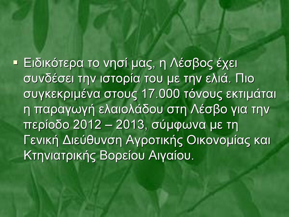 000 τόνους εκτιμάται η παραγωγή ελαιολάδου στη Λέσβο για την