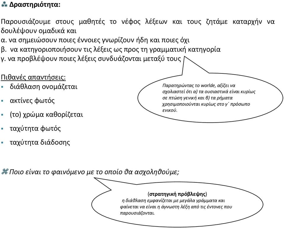 να προβλέψουν ποιες λέξεις συνδυάζονται μεταξύ τους Πιθανές απαντήσεις: διάθλαση ονομάζεται ακτίνες φωτός (το) χρώμα καθορίζεται ταχύτητα φωτός ταχύτητα διάδοσης Παρατηρώντας το worlde,