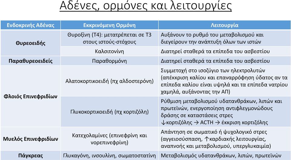 Αλατοκορτικοειδή (πχ αλδοστερόνη) Γλυκοκορτικοειδή (πχ κορτιζόλη) Κατεχολαμίνες (επινεφρίνη και νορεπινεφρίνη) Συμμετοχή στο ισοζύγιο των ηλεκτρολυτών (απέκκριση καλίου και επαναρρόφηση ύδατος αν τα