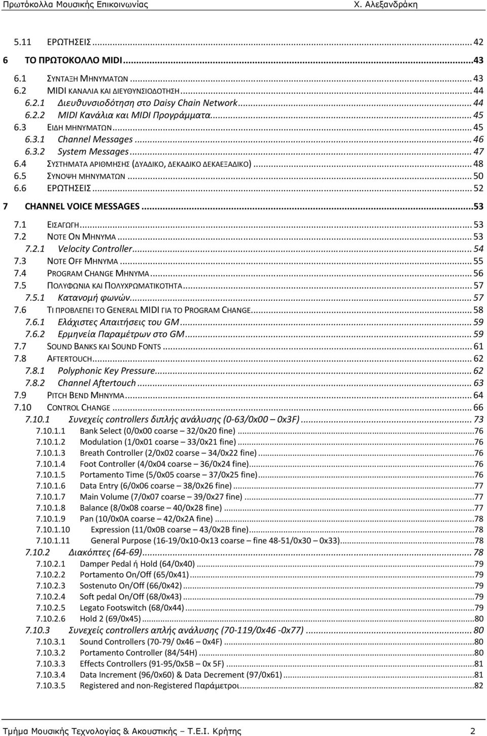 .. 52 7 CHANNEL VOICE MESSAGES...53 7.1 ΕΙΣΑΓΩΓΗ... 53 7.2 NOTE ON ΜΗΝΥΜΑ... 53 7.2.1 Velocity Controller... 54 7.3 NOTE OFF ΜΗΝΥΜΑ... 55 7.4 PROGRAM CHANGE ΜΗΝΥΜΑ... 56 7.