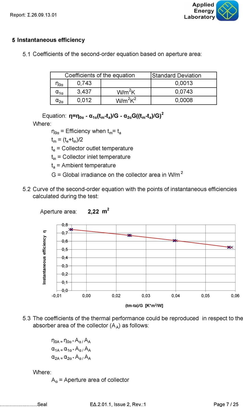 2 Equation: η=η 0α - α 1α (t m -t a )/G - α 2α G((t m -t a )/G) 2 Where: η 0α = Efficiency when t m = t a t m = (t e +t in )/2 t e = Collector outlet temperature t in = Collector inlet temperature t