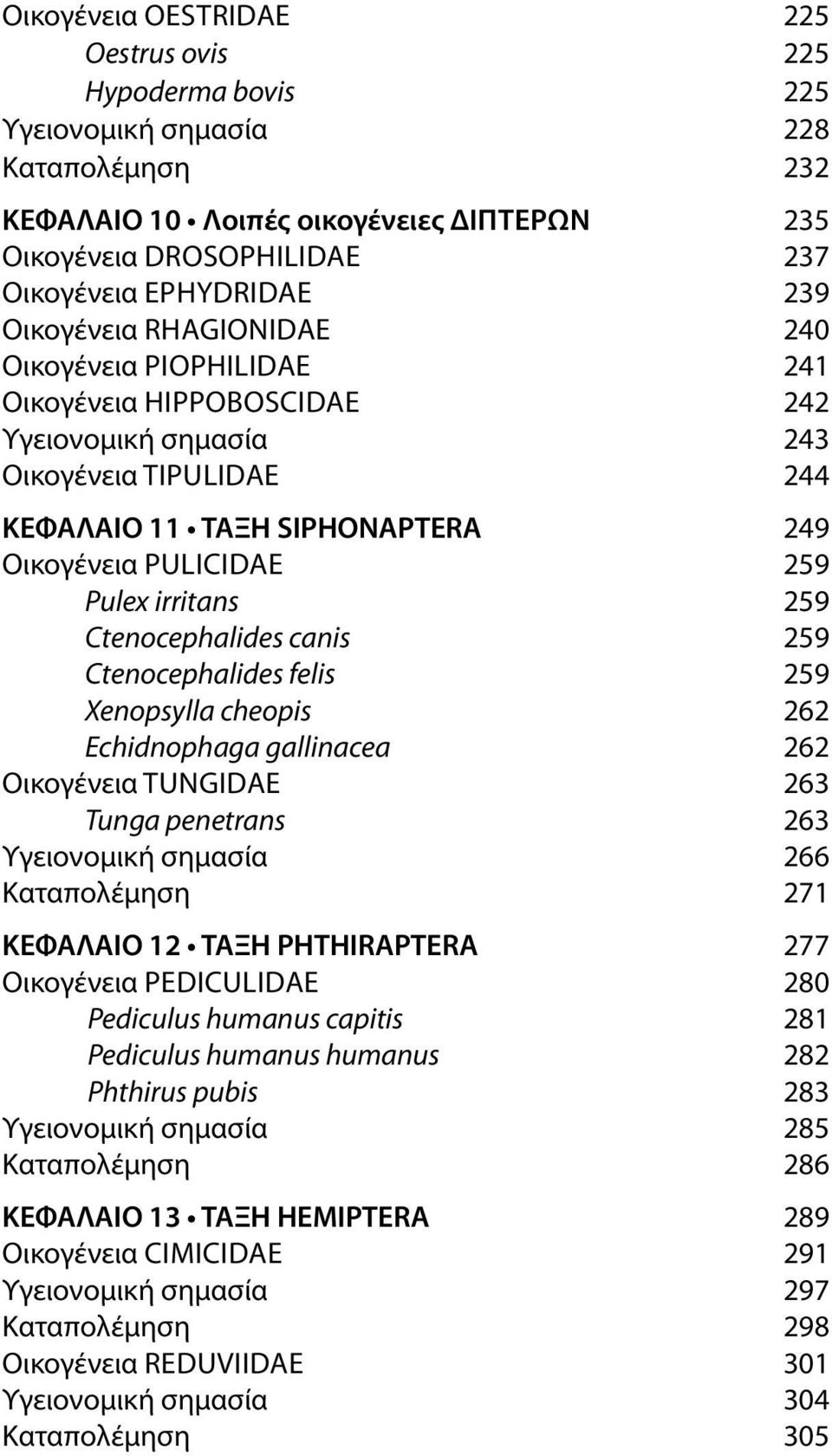 Pulex irritans 259 Ctenocephalides canis 259 Ctenocephalides felis 259 Xenopsylla cheopis 262 Echidnophaga gallinacea 262 Οικογένεια Tungidae 263 Tunga penetrans 263 Υγειονομική σημασία 266