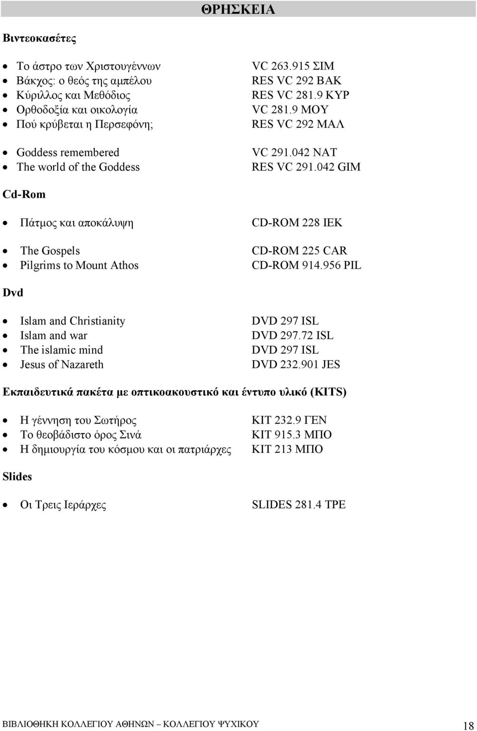 042 GIM Cd-Rom Πάτµος και αποκάλυψη CD-ROM 228 IEK The Gospels CD-ROM 225 CAR Pilgrims to Mount Athos CD-ROM 914.956 PIL Dvd Islam and Christianity DVD 297 ISL Islam and war DVD 297.