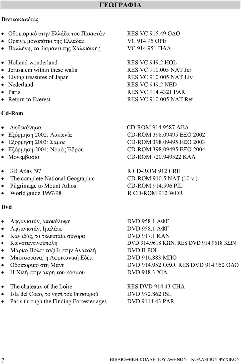 005 NAT Ret Cd-Rom ωδεκάνησα CD-ROM 914.9587 Ω Εξόρµηση 2002: Λακωνία CD-ROM 398.09495 ΕΞΟ 2002 Εξόρµηση 2003: Σάµος CD-ROM 398.09495 ΕΞΟ 2003 Εξόρµηση 2004: Νοµός Έβρου CD-ROM 398.
