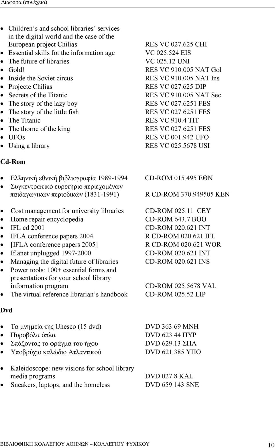 625 CHI VC 025.524 EIS VC 025.12 UNI RES VC 910.005 NAT Gol RES VC 910.005 NAT Ins RES VC 027.625 DIP RES VC 910.005 NAT Sec RES VC 027.6251 FES RES VC 027.6251 FES RES VC 910.4 TIT RES VC 027.