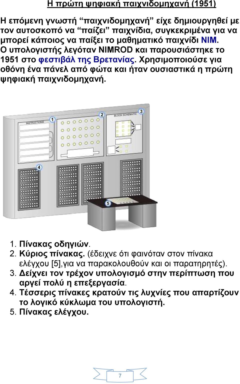 Χρησιμοποιούσε για οθόνη ένα πάνελ από φώτα και ήταν ουσιαστικά η πρώτη ψηφιακή παιχνιδομηχανή. 1. Πίνακας οδηγιών. 2. Κύριος πίνακας.