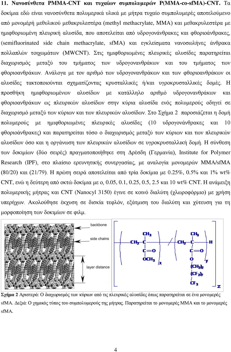 πλευρική αλυσίδα, που αποτελείται από υδρογονάνθρακες και φθοριοάνθρακες, (semifluorinated side chain methacrylate, sfma) και εγκλείσματα νανοσωλήνες άνθρακα πολλαπλών τοιχωμάτων (MWCNT).