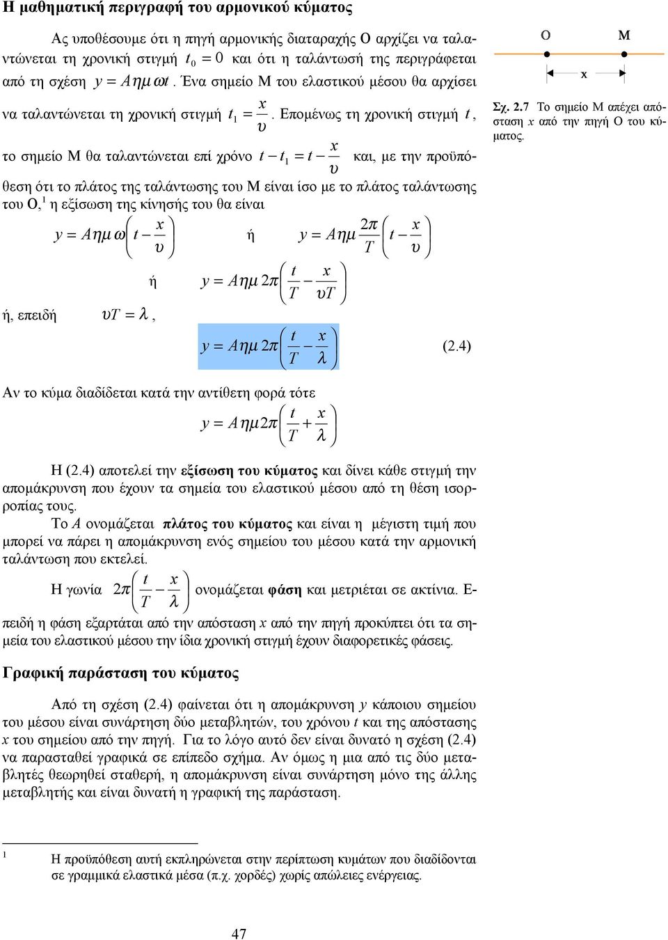 Επομένως τη χρονική στιγμή t, υ x το σημείο Μ θα ταλαντώνεται επί χρόνο t t 1 = t και, με την προϋπόθεση ότι το πλάτος της ταλάντωσης του Μ είναι ίσο με το πλάτος ταλάντωσης υ του Ο, 1 η εξίσωση της
