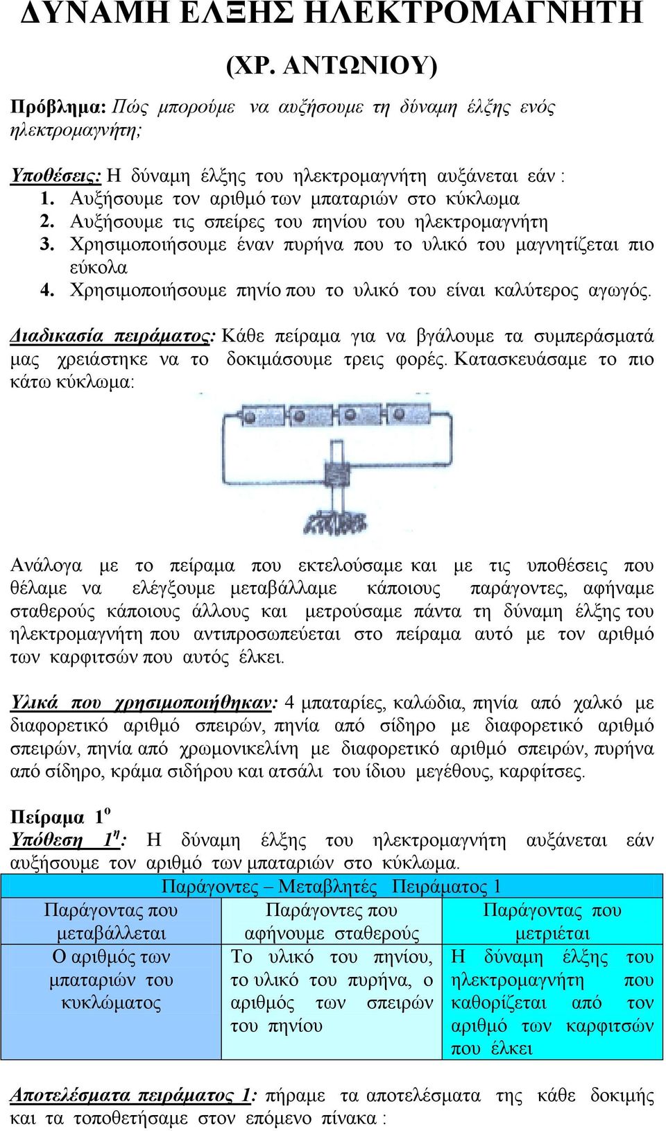 Χρησιμοποιήσουμε πηνίο που το υλικό του είναι καλύτερος αγωγός. Διαδικασία πειράματος: Κάθε πείραμα για να βγάλουμε τα συμπεράσματά μας χρειάστηκε να το δοκιμάσουμε τρεις φορές.