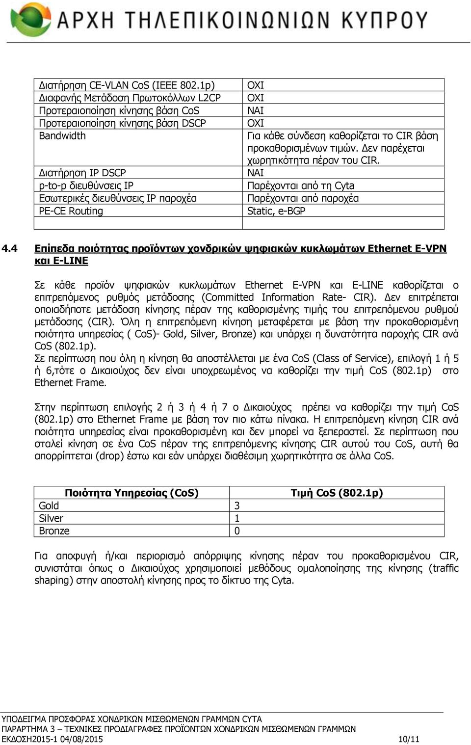 Routing ΝΑΙ OXI Για κάθε σύνδεση καθορίζεται το CIR βάση προκαθορισμένων τιμών. Δεν παρέχεται χωρητικότητα πέραν του CIR. NAI Παρέχονται από τη Cyta Παρέχονται από παροχέα Static, e-bgp 4.