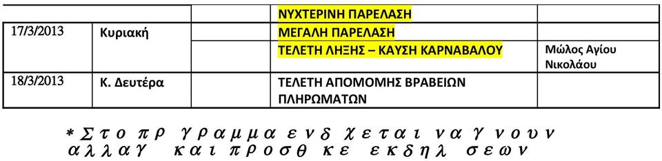 Δευτέρα ΤΕΛΕΤΗ ΑΠΟΜΟΜΗΣ ΒΡΑΒΕΙΩΝ ΠΛΗΡΩΜΑΤΩΝ Μώλος Αγίου