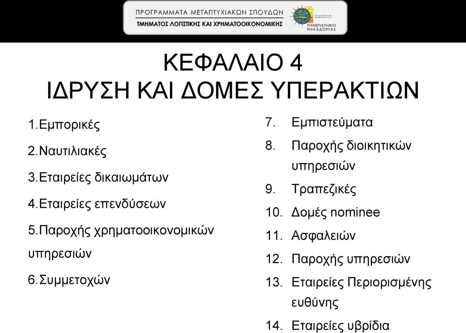 Παροχής χρηματοοικονομικών υπηρεσιών 6.Συμμετοχών 7. Εμπιστεύματα 8.