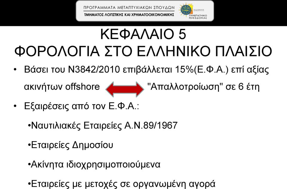 ) επί αξίας ακινήτων offshore "Απαλλοτροίωση" σε 6 έτη Εξαιρέσεις από