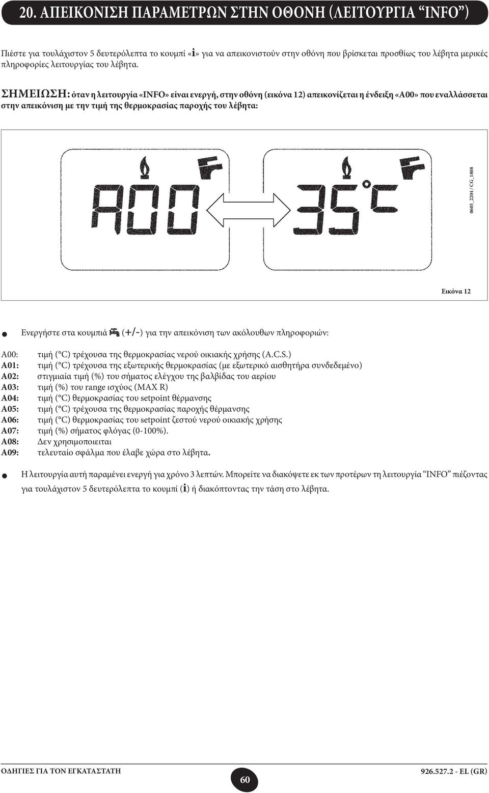 ΣΗΜΕΙΩΣΗ: όταν η λειτουργία «INFO» είναι ενεργή, στην οθόνη (εικόνα 12) απεικονίζεται η ένδειξη «Α00» που εναλλάσσεται στην απεικόνιση με την τιμή της θερμοκρασίας παροχής του λέβητα: 0605_2204 /