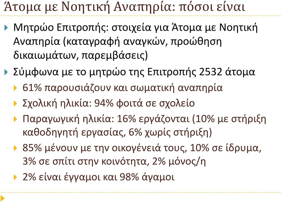 Σχολική ηλικία: 94% φοιτά σε σχολείο Παραγωγική ηλικία: 16% εργάζονται (10% με στήριξη καθοδηγητή εργασίας, 6% χωρίς