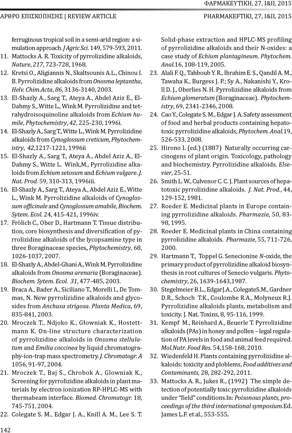 1. El-Shazly A., Sarg T., Ateya A., Abdel Aziz E., El- Dahmy S., Witte L., Wink M. Pyrrolizidine and tetrahydroisoquinoline alkaloids from Echium humile, Phytochemistry, 42, 225-20, 1996i. 14.