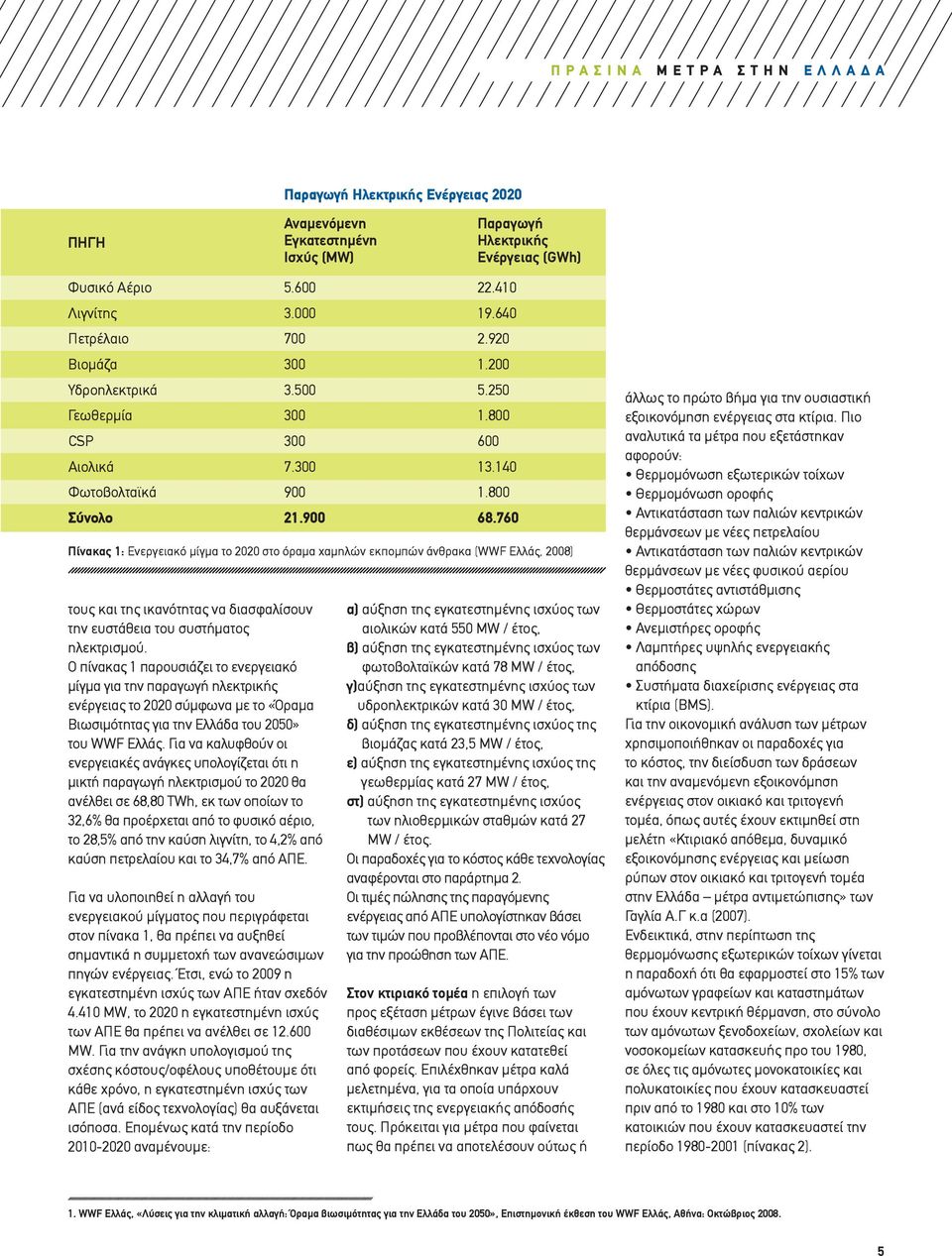 760 Πίνακας 1: Ενεργειακό μίγμα το 2020 στο όραμα χαμηλών εκπομπών άνθρακα (WWF Ελλάς, 2008) τους και της ικανότητας να διασφαλίσουν την ευστάθεια του συστήματος ηλεκτρισμού.