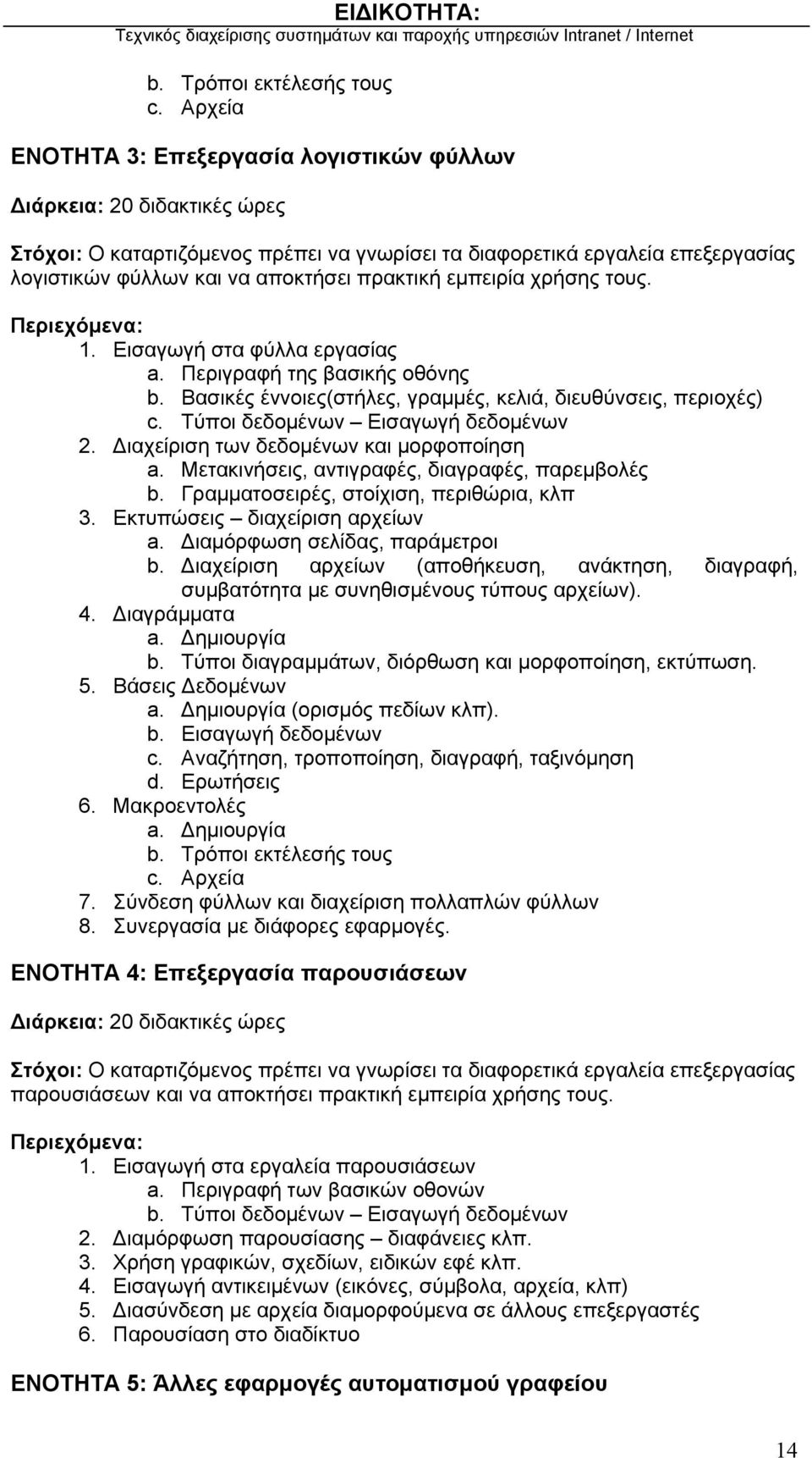 πρακτική εμπειρία χρήσης τους. 1. Εισαγωγή στα φύλλα εργασίας a. Περιγραφή της βασικής οθόνης b. Βασικές έννοιες(στήλες, γραμμές, κελιά, διευθύνσεις, περιοχές) c. Τύποι δεδομένων Εισαγωγή δεδομένων 2.