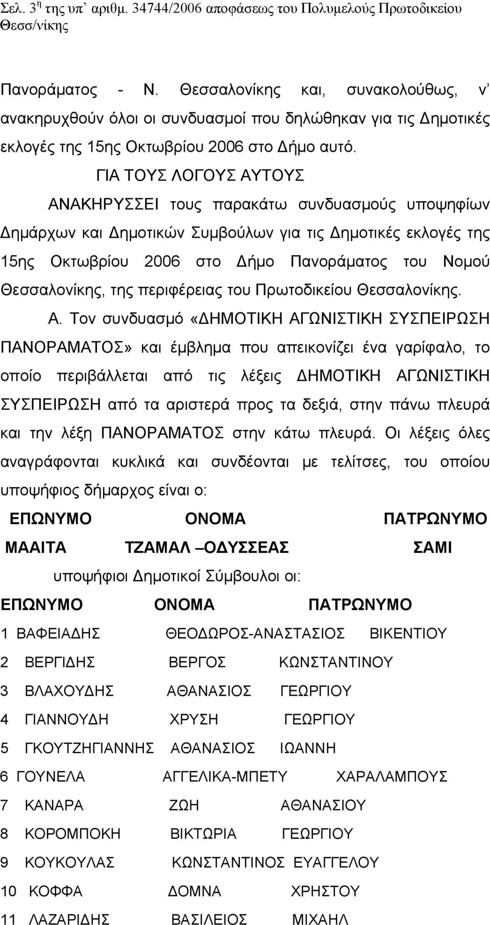 ΓΙΑ ΤΟΥΣ ΛΟΓΟΥΣ ΑΥΤΟΥΣ ΑΝΑΚΗΡΥΣΣΕΙ τους παρακάτω συνδυασμούς υποψηφίων Δημάρχων και Δημοτικών Συμβούλων για τις Δημοτικές εκλογές της 15ης Οκτωβρίου 2006 στο Δήμο Πανοράματος του Νομού Θεσσαλονίκης,