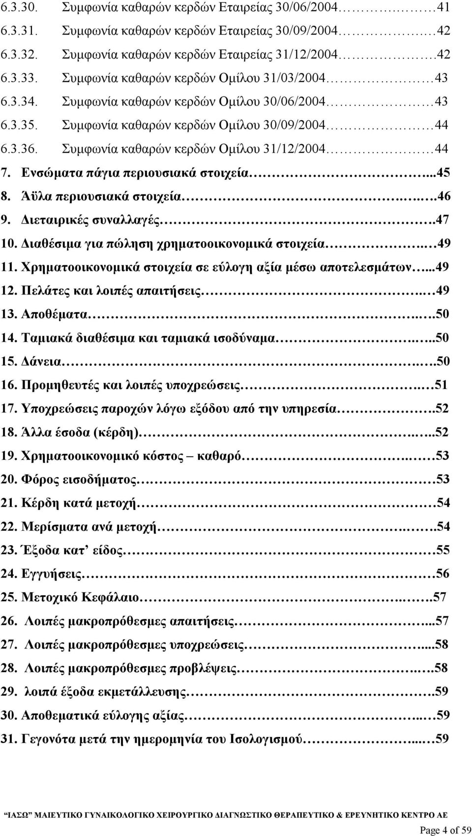 Συµφωνία καθαρών κερδών Οµίλου 31/12/2004 44 7. Ενσώµατα πάγια περιουσιακά στοιχεία...45 8. Άϋλα περιουσιακά στοιχεία...46 9. ιεταιρικές συναλλαγές.47 10.