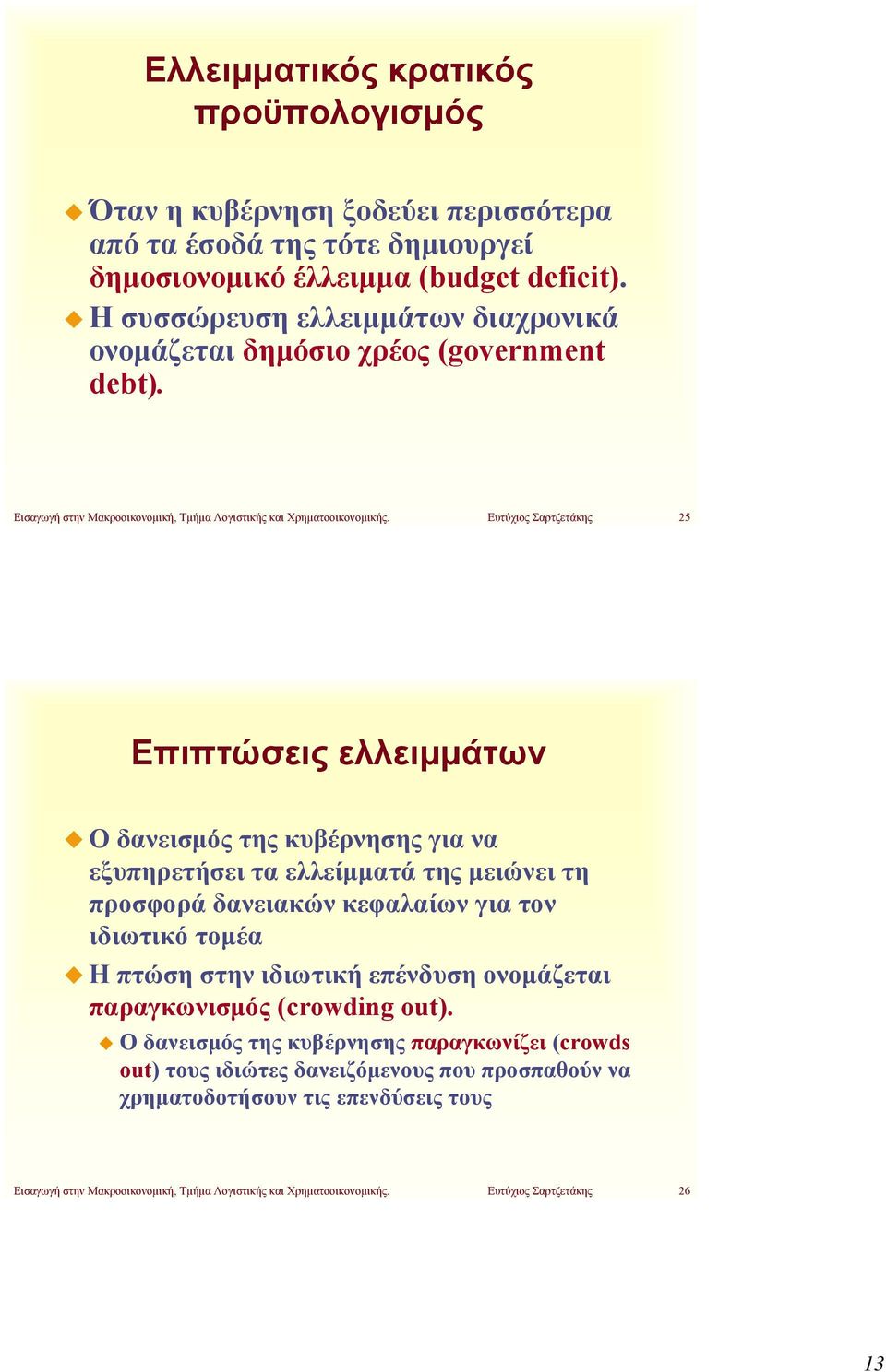 Ευτύχιος Σαρτζετάκης 25 Επιπτώσεις ελλειμμάτων Ο δανεισμός της κυβέρνησης για να εξυπηρετήσει τα ελλείμματά της μειώνει τη προσφορά δανειακών κεφαλαίων για τον ιδιωτικό τομέα Η πτώση στην