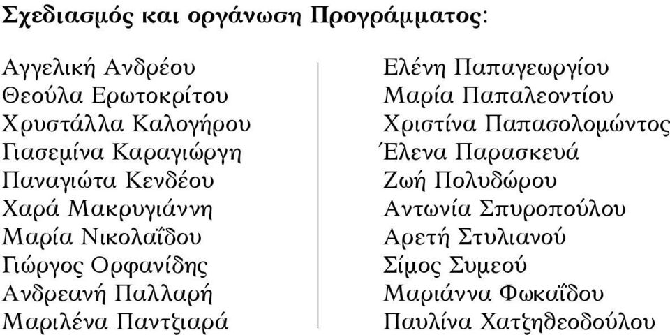 Παλλαρή Μαριλένα Παντζιαρά Ελένη Παπαγεωργίου Μαρία Παπαλεοντίου Χριστίνα Παπασολομώντος Έλενα